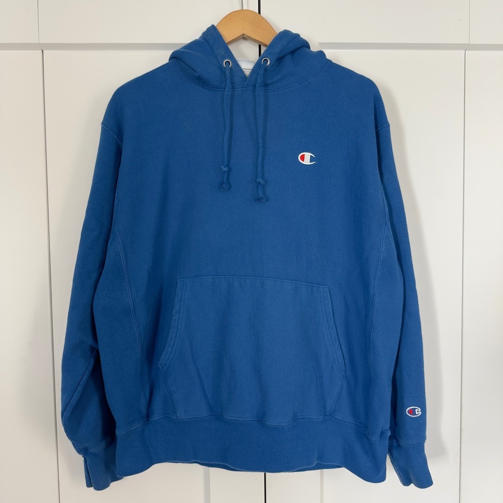 Modern Mens Large Champion Reverse Weave Hoodie Blue Pullover Cotton Blend